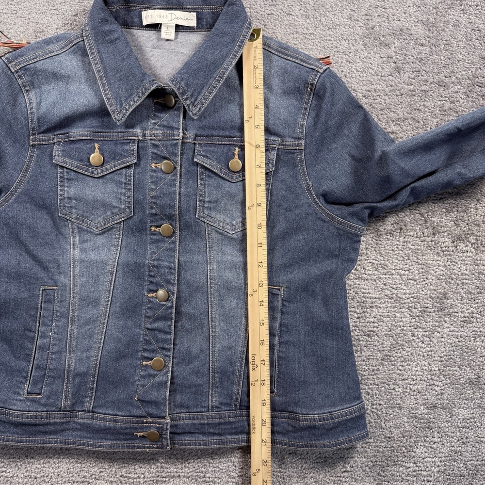 EST. 1946 Denim Jacket L Blue South Western Boho Embroidered Fringe Back Trucker - Picture 6 of 8
